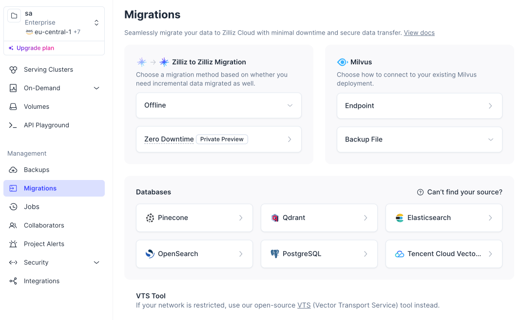 Zilliz migration service screenshot
